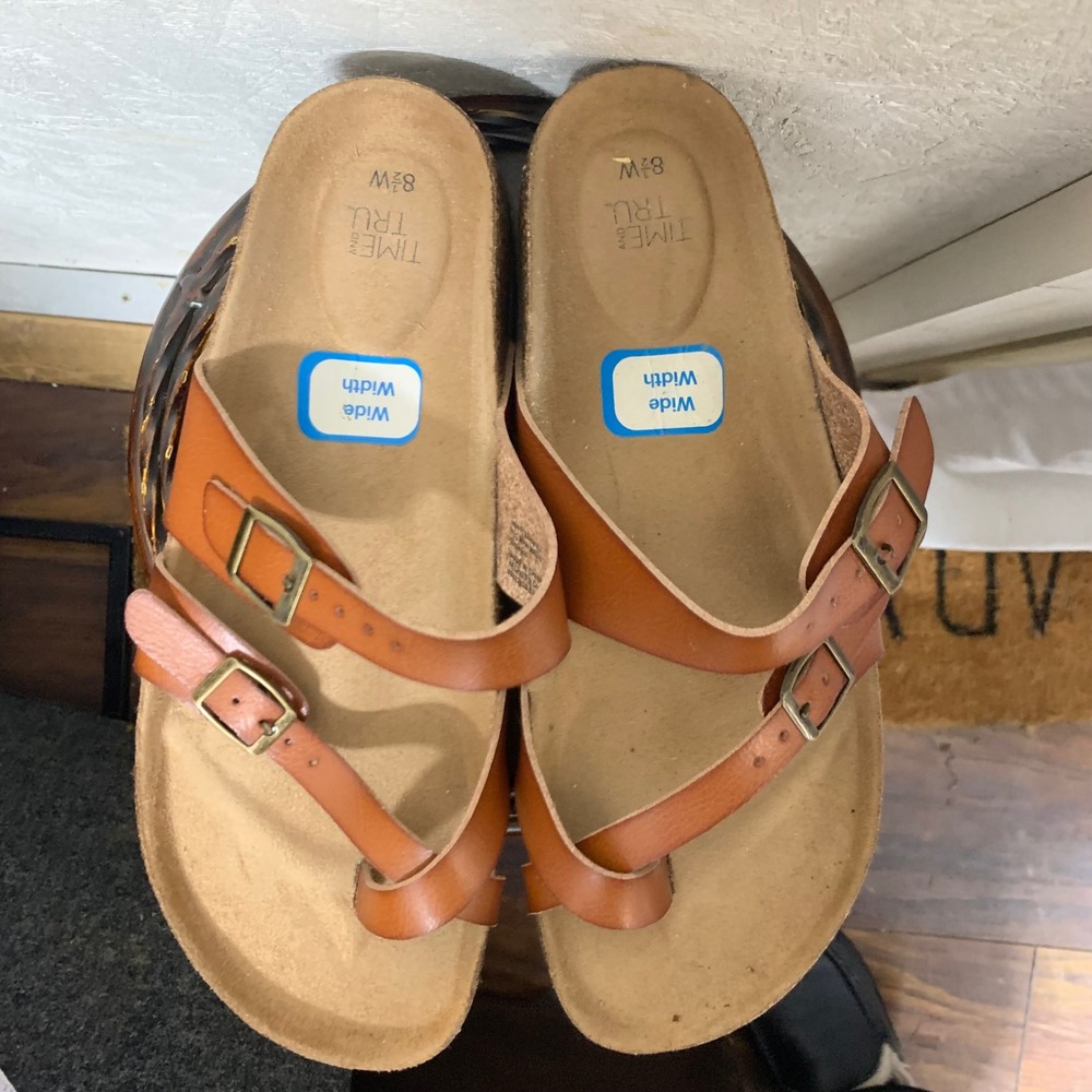 Footbed Sandals Womens 8.5W Cognac Brown Toe Loop Buckle Comfort Boho Slides - Picture 2 of 8